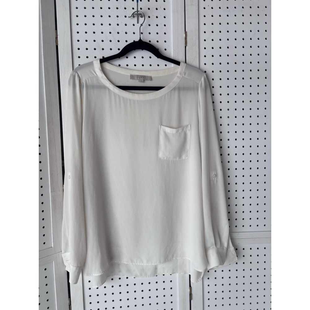 LOFT Women's M Ivory Roll Tab Long SLV Semi Sheer Solid Blouse Round Neck
